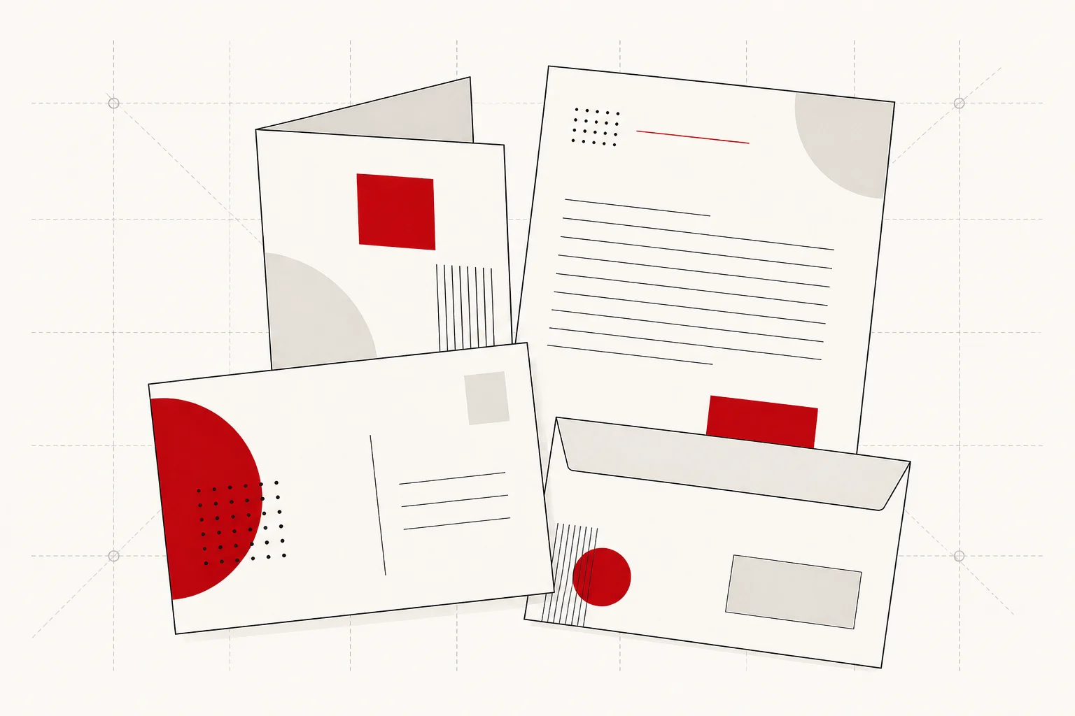 A postcard, brochure, letter, and envelope from a custom campaign